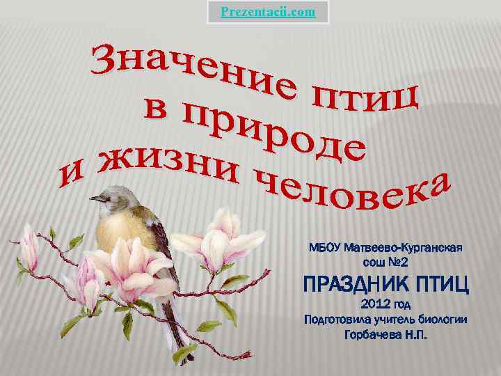 Prezentacii. com МБОУ Матвеево-Курганская сош № 2 ПРАЗДНИК ПТИЦ 2012 год Подготовила учитель биологии