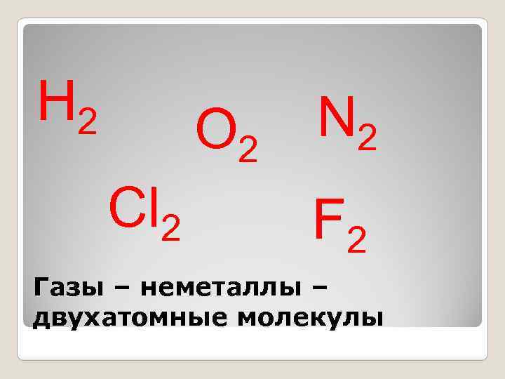 Н 2 О 2 Cl 2 N 2 F 2 Газы – неметаллы –