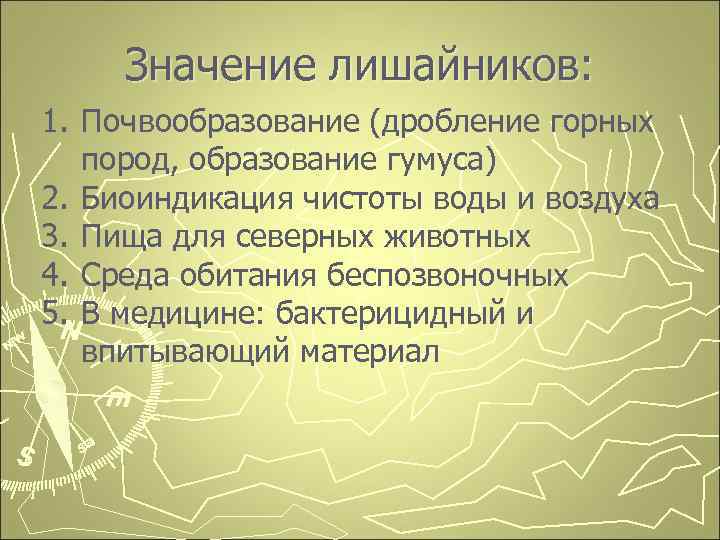 Значение лишайников: 1. Почвообразование (дробление горных пород, образование гумуса) 2. Биоиндикация чистоты воды и