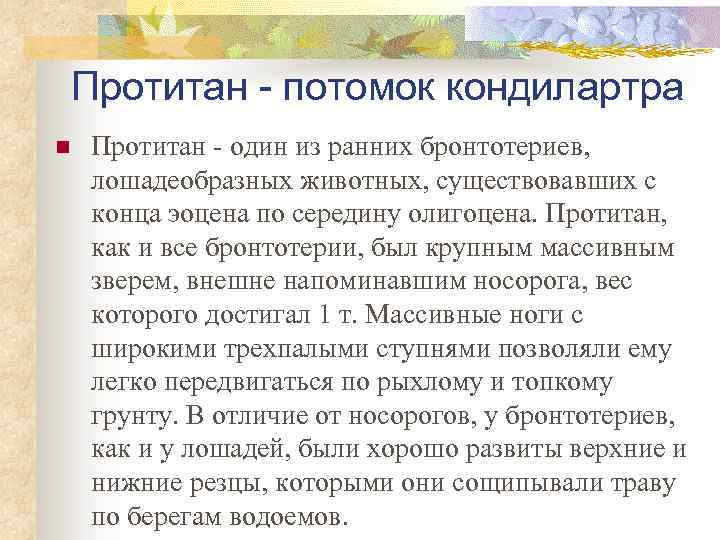 Протитан - потомок кондилартра n Протитан - один из ранних бронтотериев, лошадеобразных животных, существовавших
