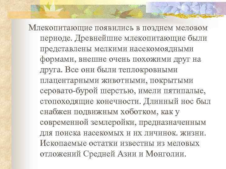 Млекопитающие появились в позднем меловом периоде. Древнейшие млекопитающие были представлены мелкими насекомоядными формами, внешне
