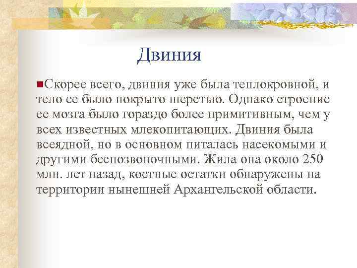 Двиния n. Скорее всего, двиния уже была теплокровной, и тело ее было покрыто шерстью.