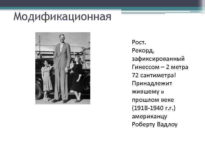 Модификационная Рост. Рекорд, зафиксированный Гинессом – 2 метра 72 сантиметра! Принадлежит жившему в прошлом