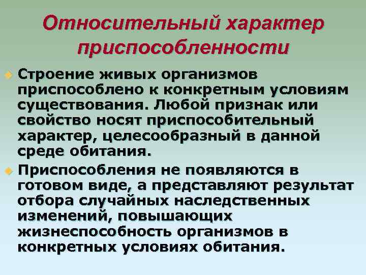 Относительный характер приспособленности Строение живых организмов приспособлено к конкретным условиям существования. Любой признак или