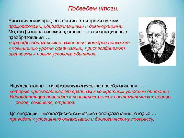 Подведем итоги: Биологический прогресс достигается тремя путями – … ароморфозами, идиоадаптациями и дегенерациями. Морфофизиологический