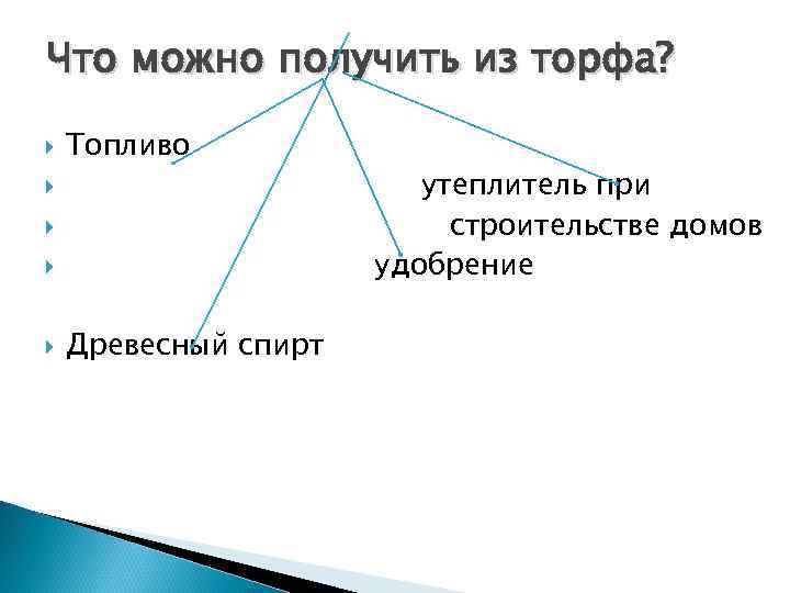Что можно получить из торфа? Топливо Древесный спирт утеплитель при строительстве домов удобрение 