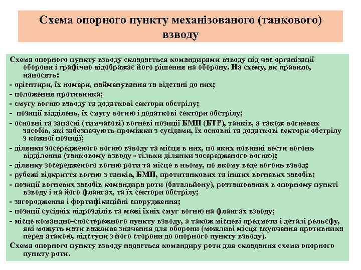 Схема опорного пункту механізованого (танкового) взводу Схема опорного пункту взводу складається командирами взводу під