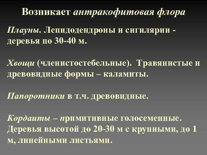 Возникает антракофитовая флора Плауны. Лепидодендроны и сигилярии - деревья по 30 -40 м. Хвощи
