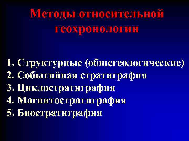 Методы относительной геохронологии 1. Структурные (общегеологические) 2. Событийная стратиграфия 3. Циклостратиграфия 4. Магнитостратиграфия 5.