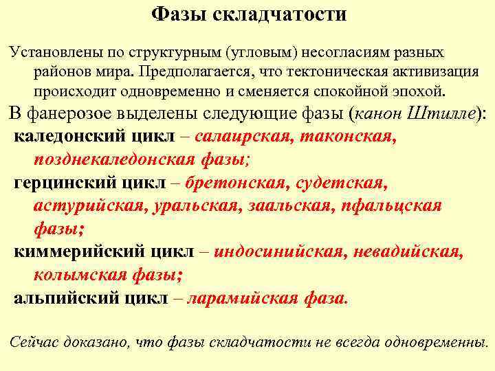 Фазы складчатости Установлены по структурным (угловым) несогласиям разных районов мира. Предполагается, что тектоническая активизация