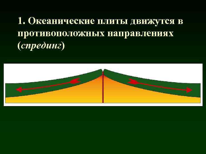 1. Океанические плиты движутся в противоположных направлениях (спрединг) 