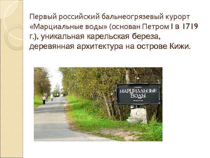 Первый российский бальнеогрязевый курорт «Марциальные воды» (основан Петром I в 1719 г. ), уникальная