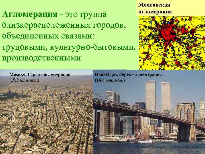 Агломерация - это группа близкорасположенных городов, объединенных связями: трудовыми, культурно-бытовыми, производственными Московская агломерация Мехико.