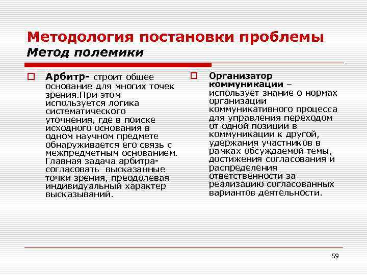 Методология постановки проблемы Метод полемики o Арбитр- строит общее основание для многих точек зрения.