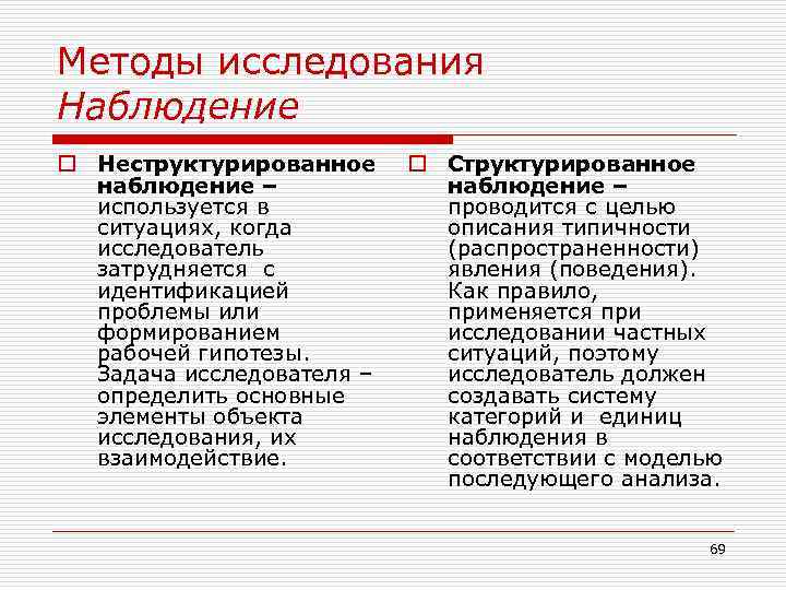 Методы исследования Наблюдение o Неструктурированное наблюдение – используется в ситуациях, когда исследователь затрудняется с