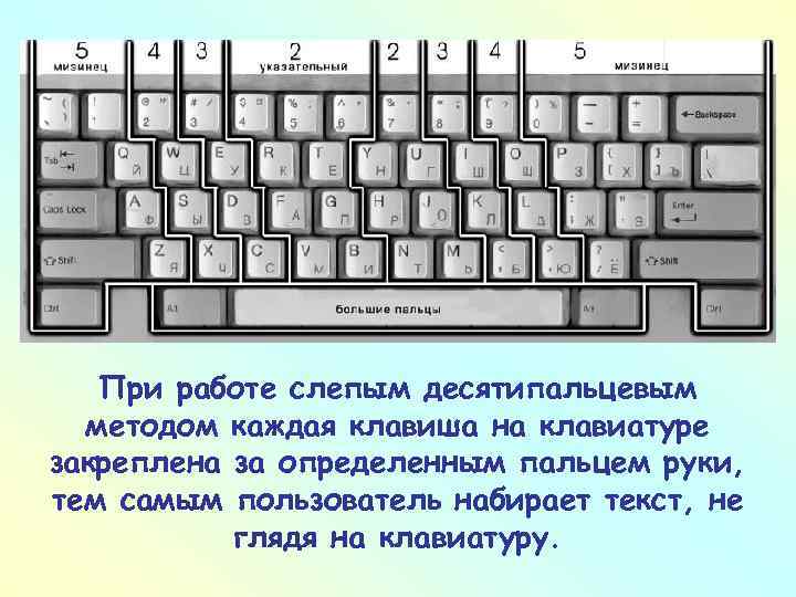 При работе слепым десятипальцевым методом каждая клавиша на клавиатуре закреплена за определенным пальцем руки,