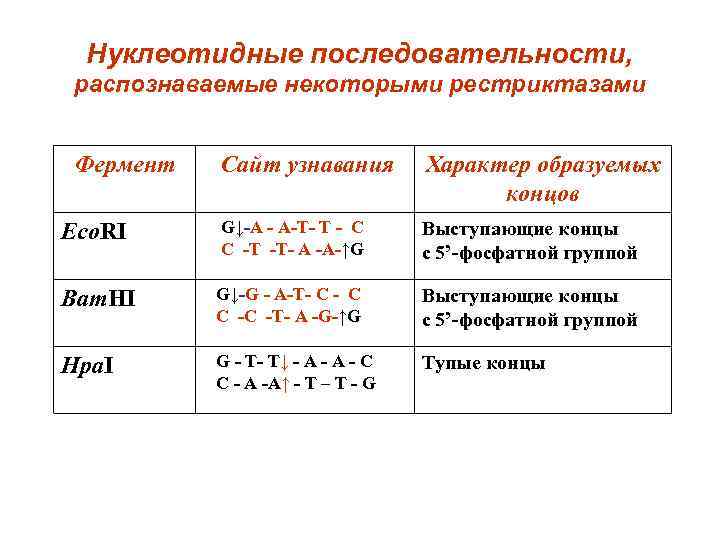 Распознаваемая последовательность. Сайты узнавания рестриктазы. Нуклеотидная последовательность. ECORI рестриктаза. Классификация нуклеотидных последовательностей.