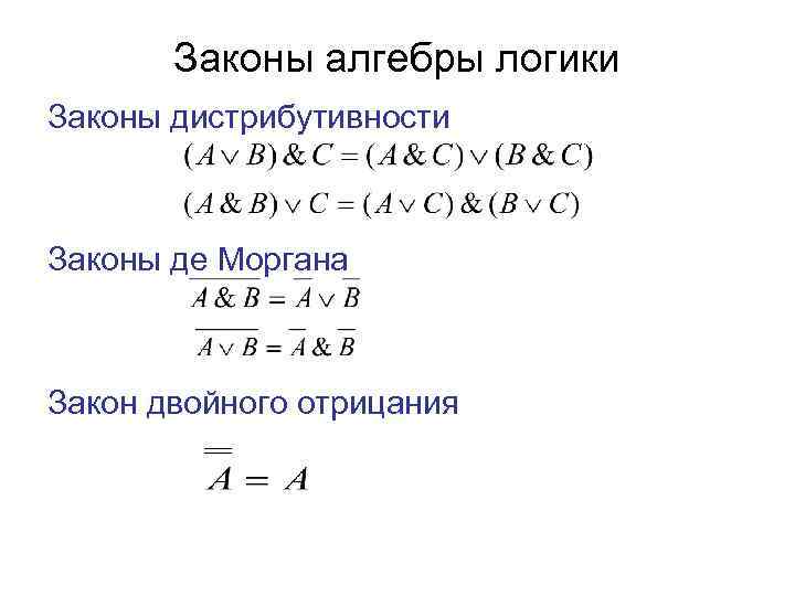 Алгебра де моргана. Законы де Моргана дистрибутивность. Двойное отрицание в алгебре логики. Законы де Моргана Алгебра логики.