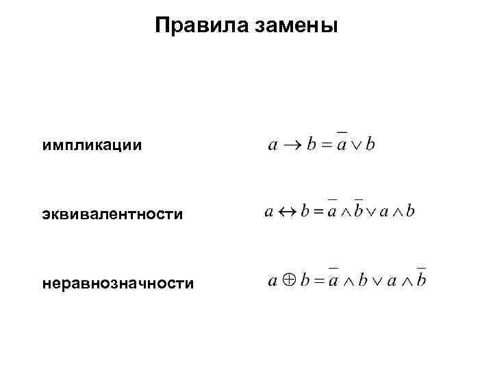 Правила замен. Правило преобразования импликации. Замена эквивалентности. Раскрытие эквивалентности. Правила замены операции импликации.