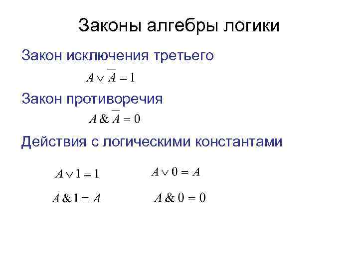 Законы алгебры логики Закон исключения третьего Закон противоречия Действия с логическими константами 