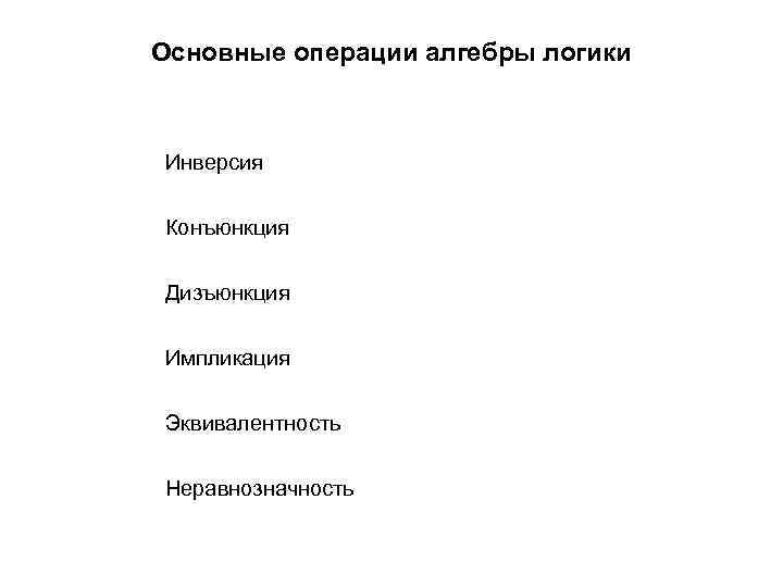 Основные операции алгебры логики Инверсия Конъюнкция Дизъюнкция Импликация Эквивалентность Неравнозначность 