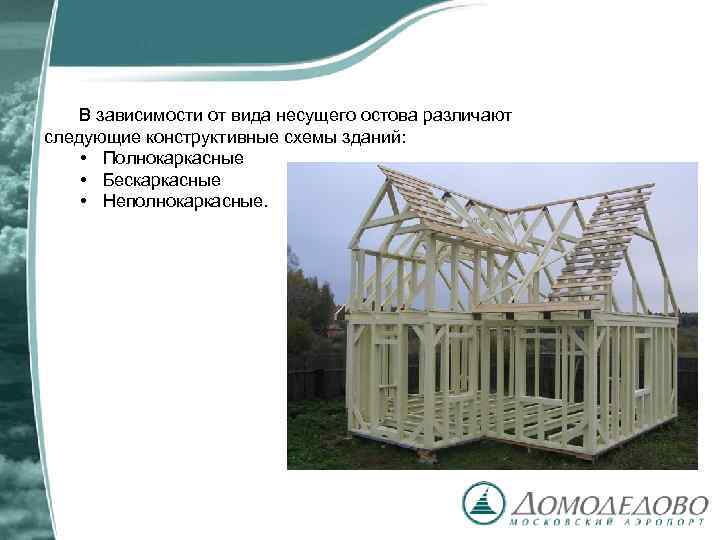 В зависимости от вида несущего остова различают следующие конструктивные схемы зданий: • Полнокаркасные •