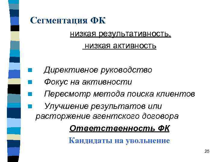 Сегментация ФК низкая результативность, низкая активность Директивное руководство n Фокус на активности n Пересмотр