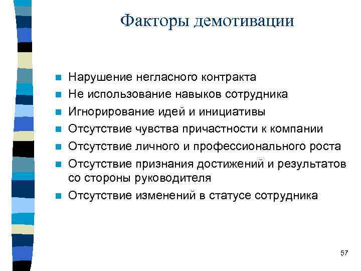 Факторы демотивации n n n n Нарушение негласного контракта Не использование навыков сотрудника Игнорирование