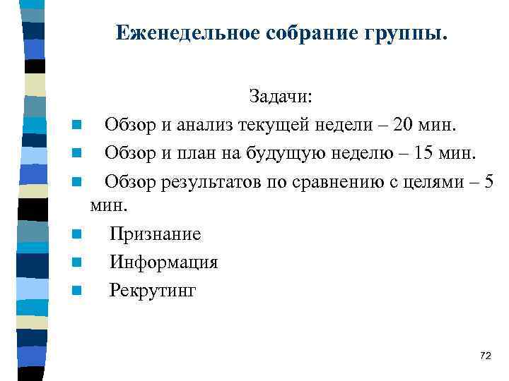 Еженедельное собрание группы. n n n Задачи: Обзор и анализ текущей недели – 20