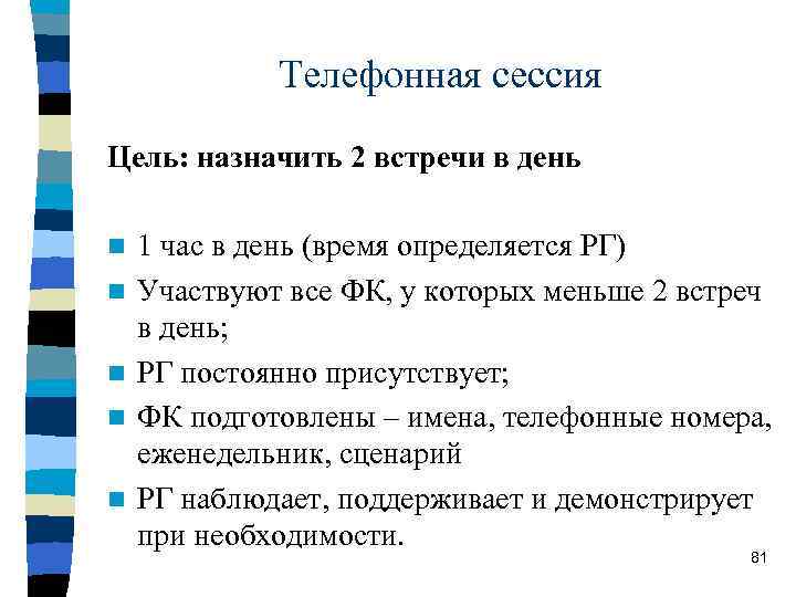 Телефонная сессия Цель: назначить 2 встречи в день n n n 1 час в