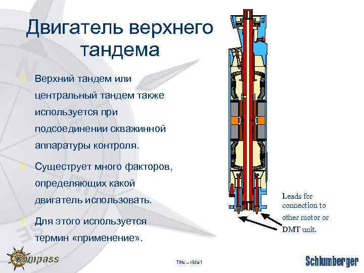 Двигатель верхнего тандема ò Верхний тандем или центральный тандем также используется при подсоединении скважинной
