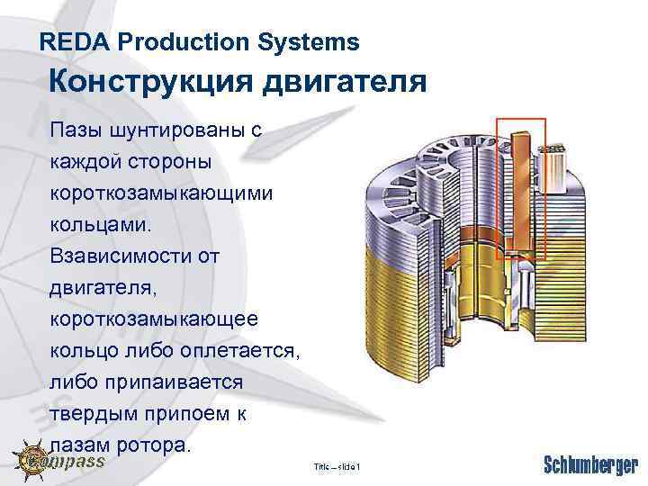 REDA Production Systems Конструкция двигателя Пазы шунтированы с каждой стороны короткозамыкающими кольцами. Взависимости от