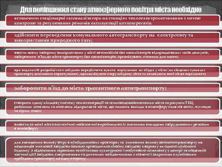 Для поліпшення стану атмосферного повітря міста необхідно встановити стаціонарні газоаналізатори на станціях теплоелектропостачання з