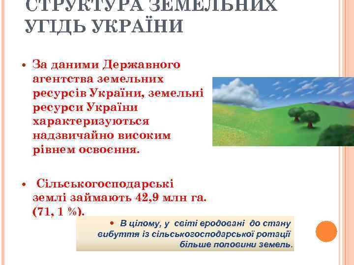 СТРУКТУРА ЗЕМЕЛЬНИХ УГІДЬ УКРАЇНИ За даними Державного агентства земельних ресурсів України, земельні ресурси України