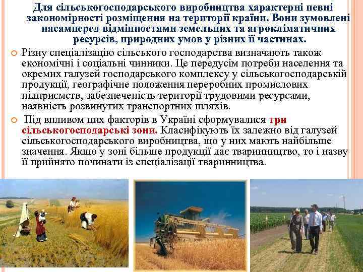  Для сільськогосподарського виробництва характерні певні закономірності розміщення на території країни. Вони зумовлені насамперед