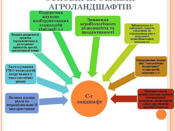 ОСНОВНІ ПРОБЛЕМИ АГРОЛАНДШАФТІВ Порушення науково необґрунтованих технологій хімізації с-г Втрата родючості ґрунтів (ґрунтовтома) в