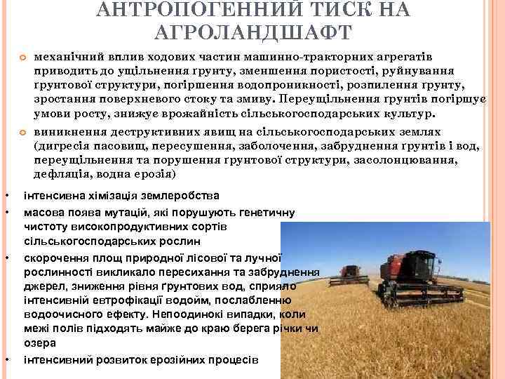 АНТРОПОГЕННИЙ ТИСК НА АГРОЛАНДШАФТ • • механічний вплив ходових частин машинно-тракторних агрегатів приводить до
