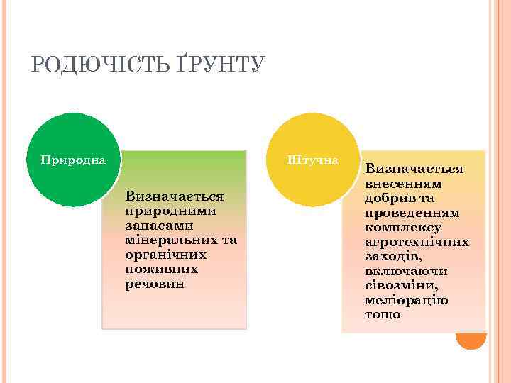 РОДЮЧІСТЬ ҐРУНТУ Природна Штучна Визначається природними запасами мінеральних та органічних поживних речовин Визначається внесенням