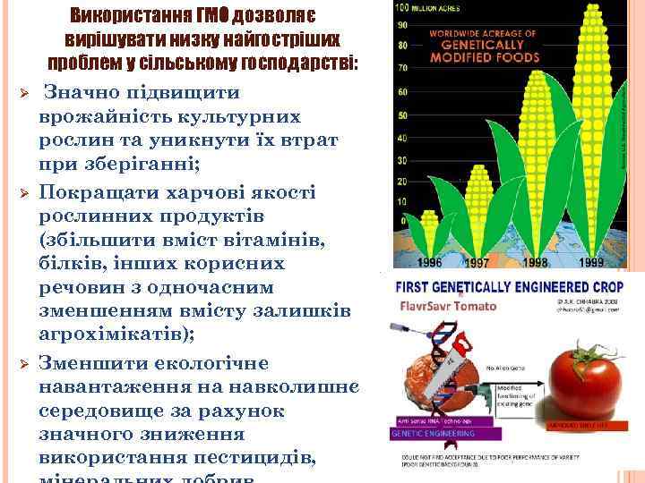Ø Ø Ø Використання ГМО дозволяє вирішувати низку найгостріших проблем у сільському господарстві: Значно
