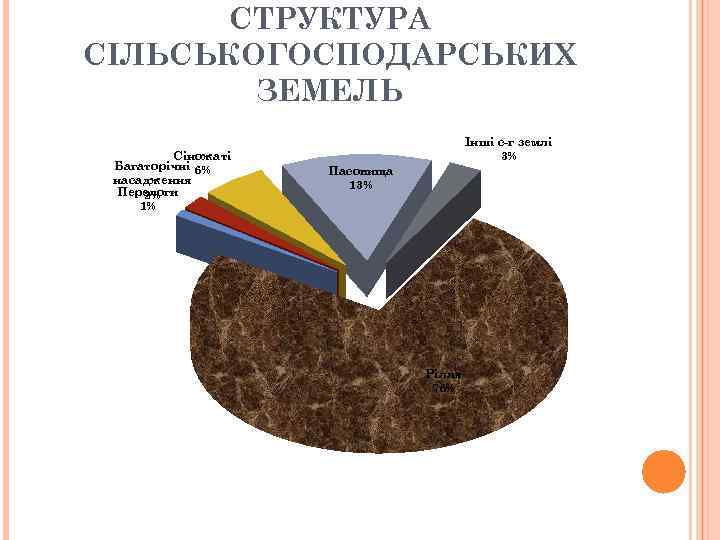 СТРУКТУРА СІЛЬСЬКОГОСПОДАРСЬКИХ ЗЕМЕЛЬ Сіножаті Багаторічні 6% насадження Перелоги 2% 1% Інші с-г землі 3%