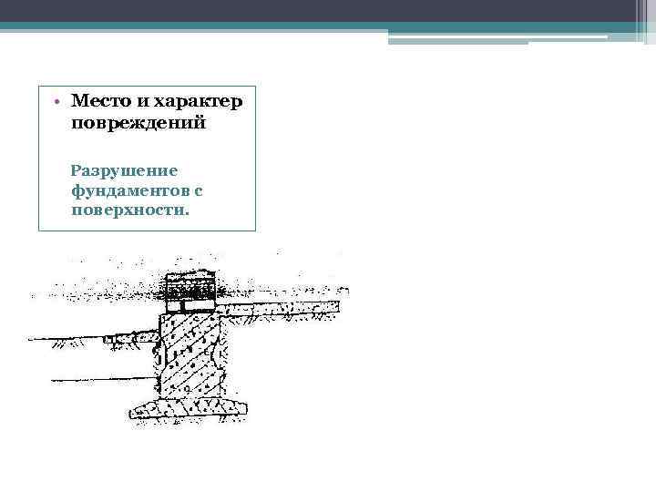  • Место и характер повреждений Разрушение фундаментов с поверхности. 