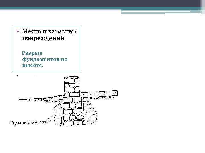  • Место и характер повреждений Разрыв фундаментов по высоте. 