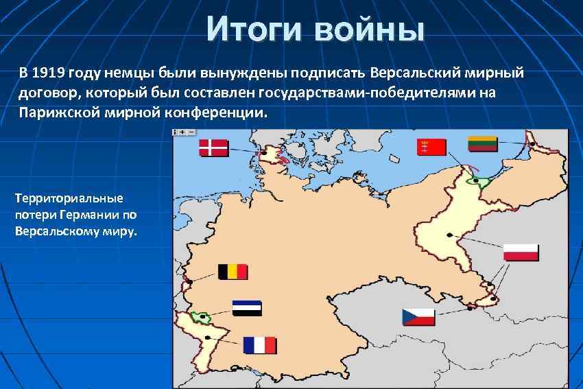 Итоги войны В 1919 году немцы были вынуждены подписать Версальский мирный договор, который