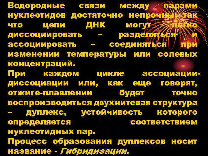 Водородные связи между парами нуклеотидов достаточно непрочны, так что цепи ДНК могут легко диссоциировать