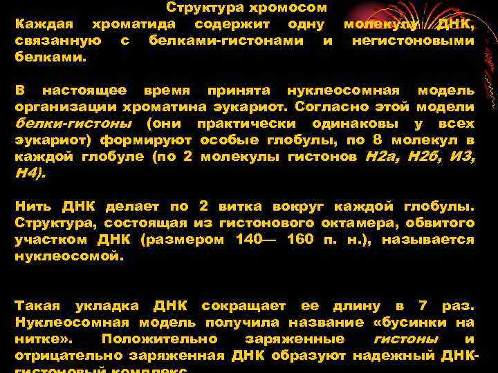 Структура хромосом Каждая хроматида содержит одну молекулу ДНК, связанную с белками-гистонами и негистоновыми белками.