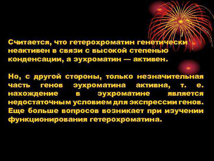 Считается, что гетерохроматин генетически неактивен в связи с высокой степенью конденсации, а эухроматин —