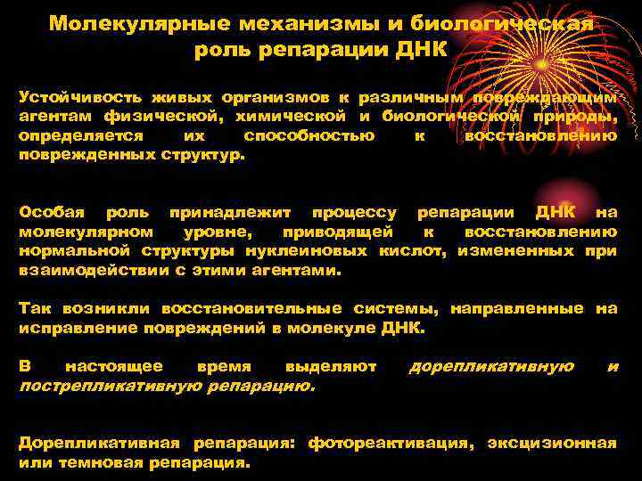 Молекулярные механизмы и биологическая роль репарации ДНК Устойчивость живых организмов к различным повреждающим агентам