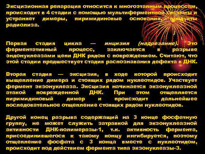 Эксцизионная репарация относится к многоэтапным процессам, происходит в 4 стадии с помощью мультиферментной системы