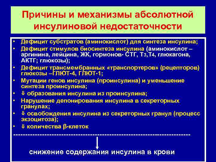 Причины и механизмы абсолютной инсулиновой недостаточности • Дефицит субстратов (аминокислот) для синтеза инсулина; •