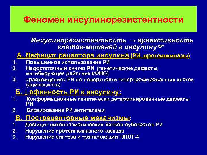Феномен инсулинорезистентности Инсулинорезистентность → ареактивность клеток-мишеней к инсулину А. Дефицит рецептора инсулина (РИ, протеинкиназы)